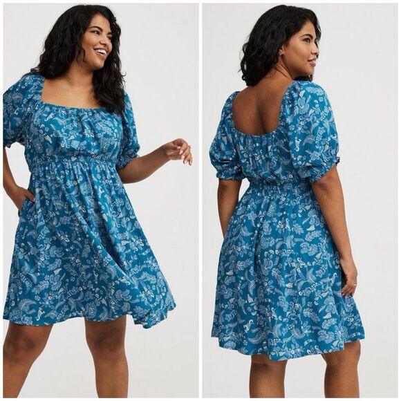 Torrid Dresses & Skirts - Torrid Blue Floral Mini Dress Puff Sleeve Smocked Fit & Flare Plus Size 2X Flowy